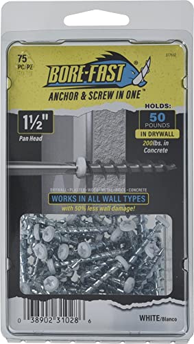 Hillman Borefast Drywall Anchors, 1-1/2in Pan Head, 75 Pack, White | Zinc finish , Phillips pan head self-drills into drywall, wood, and metal studs , Reusable for hanging fixtures - color: White