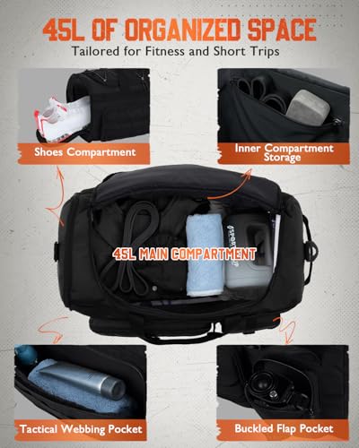 Gonex 45L Tactical Duffel Bag, 3-in-1 Gym & Travel Bag | Shoe compartment, Tactical gear loops, Water-repellent lining, 5 zip pockets, Weekend travel - color: Black, size: 45L