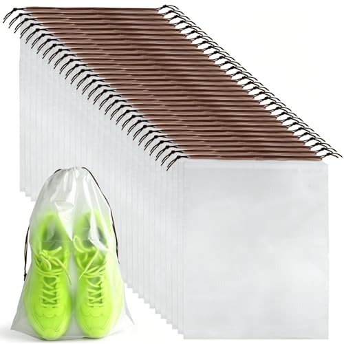 32 Pcs Shoe Bags for Travel, PLULON 15.7" x 11.8" Clear Drawstring Storage Bags Shoes Organizer for Packing Waterproof Dustproof Women Men Portable Travel Essentials - color: Clear with Brown String