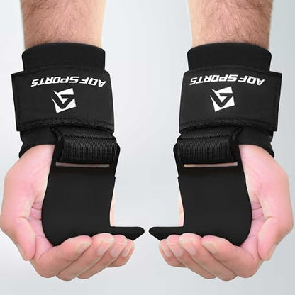 AQF Weight Lifting Hooks (Pair) - Neoprene Padded Wrist Strap for Deadlift - color: Black