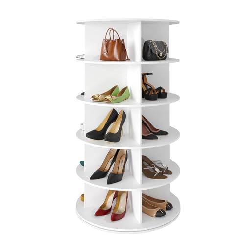SpaceAid 5 Tier Rotating Shoe Rack Tower, Spinning Shoe Display Lazy Susan, Revolving 360 Shoe Rack Storage Round Carousel, Vertical Handbag Rotate Shoes Closet Organization (5-Tier White) - color: White, size: 5 Tier (23.2"W x 45.3"H)