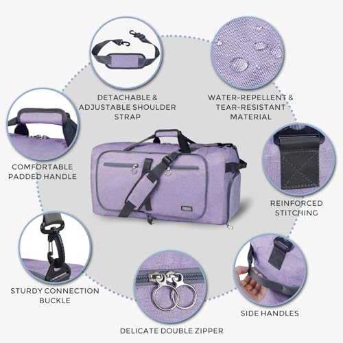 Fmeida 65L Duffle Bag with Shoes Compartment, Foldable Travel Duffel Bags for Men Women, Large Packable Travel Bag Water Repellent & Tear Resistant (Purple) - color: Textured Purple