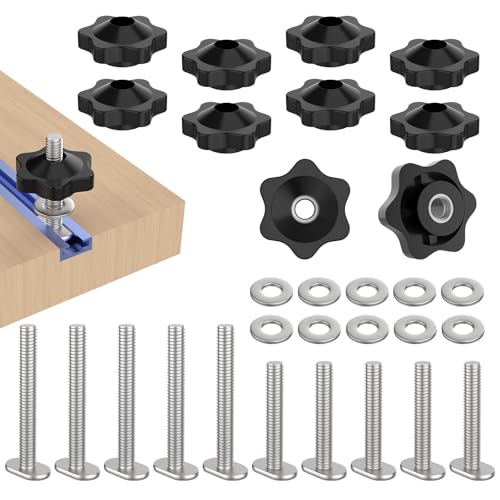 10 Sets 1/4-20 T Track Bolt Knob Kit, T-Track Accessory Includes 1-1/2" & 2" T-Slot Bolts with Washers and Star Knobs for Woodworking Jigs and Fixtures - size: 1/4-20 T Track Knob Kit