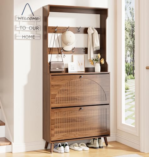 Fsbecl Shoe Cabinet for Entryway with 2 Flip Drawers & Coat Rack, Narrow Hidden Shoe Storage Cabinet with Fluted Panel, 2-in-1 Hall Tree Slim Freestanding Shoe Rack Organizer for Hallway - color: Walnut, size: 2 Drawers-Hook