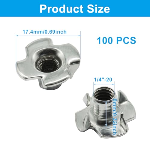 1/4"-20 T-Nuts, 100 Pack, 4 Pronged, Zinc-Plated Steel | 5/16" Barrel, Threaded Insert, For Wood, Rock Climbing Holds, Cabinetry, Furniture