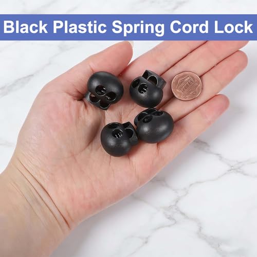 Jeffdad 50pcs Black Spring Cord Locks for Drawstrings, Plastic Cord Lock Double Hole Round Ball Drawstring Cords Lock for Drawstring Shoelaces Clothing Bags