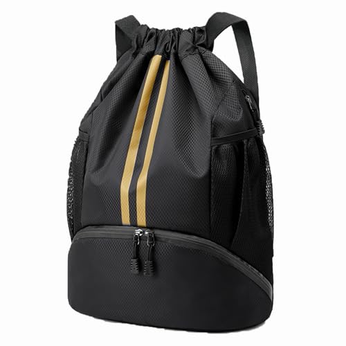 Hoedia Sports Drawstring Backpack - Swim Gym Bag for Women and Men | String Bag with Shoes Compartment and Wet Proof Pocket, Adjustable Wider Shoulder Strap, For Soccer, Basketabll, Volleyball - color: Black Gold, size: Medium