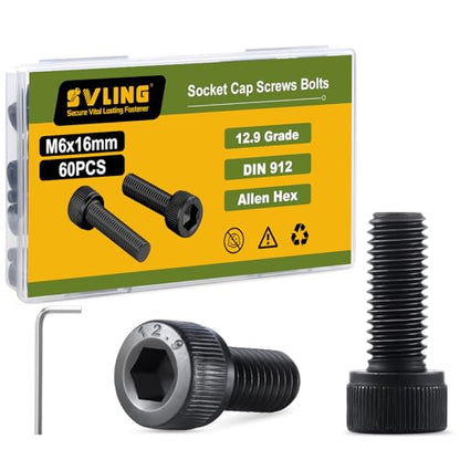 M6-1.0 x 16mm Bolt, 60PCS M6 Hex Socket Head Cap Screws Bolts, 12.9 Grade Alloy Steel, Full Threads, Allen Socket Drive, with Hex Spanner - size: M6x16mm