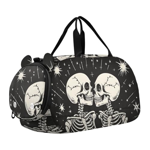 Kids Sports Duffel Bag for Boys & Girls - Romantic Skeletons Skull Love 100% Polyester Gym Bag with Separate Shoe Compartment, Adjustable Shoulder Strap, Compact Travel & Workout Gear Bag - color: Romantic Skeletons Skull Love