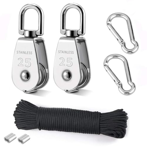 TooTaci 25MM Pulley System, 2 Pcs M25 304 Stainless Steel Pulleys Block | 66ft Nylon Rope & Spring Snap Hook, Single Pulley Wheel for Indoor Outdoor Lifting Project - size: 4MMrope