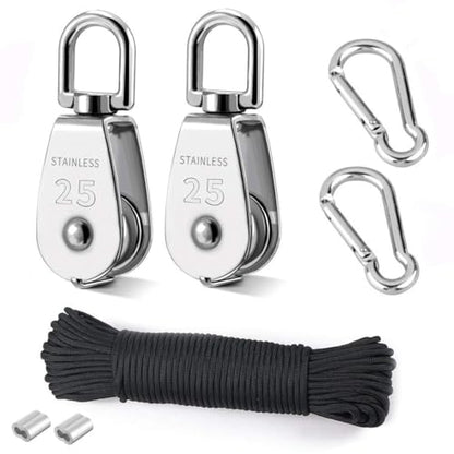 TooTaci 25MM Pulley System, 2 Pcs M25 304 Stainless Steel Pulleys Block | 66ft Nylon Rope & Spring Snap Hook, Single Pulley Wheel for Indoor Outdoor Lifting Project - size: 4MMrope