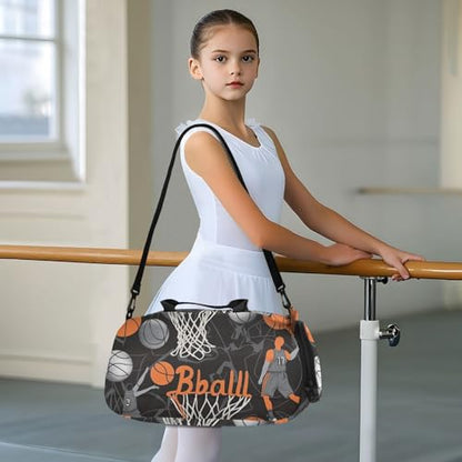 Kids Sports Duffel Bag for Boys & Girls - Basketball Players Balls 100% Polyester Gym Bag with Separate Shoe Compartment, Adjustable Shoulder Strap, Compact Travel & Workout Gear Bag - color: Basketball Players Balls