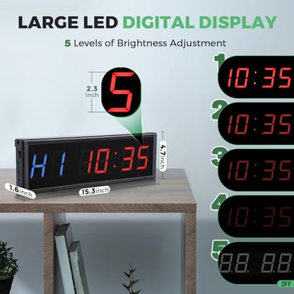 15'' Bluetooth Gym Timer Clock for Home Gym for Sport Boxing | Digital Display Stopwatch Interval Workout Timer Adjustable Buzzer Volume with Remote and APP Control for Fitness Kitchen