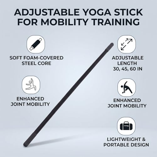 Adjustable Yoga Stick Steel Core Foam Covered Stretching Bar for Pilates Flexibility Training, 30/45/60 Inch Mobility Exercise Stick with Workout Guide