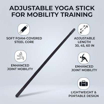 Adjustable Yoga Stick Steel Core Foam Covered Stretching Bar for Pilates Flexibility Training, 30/45/60 Inch Mobility Exercise Stick with Workout Guide