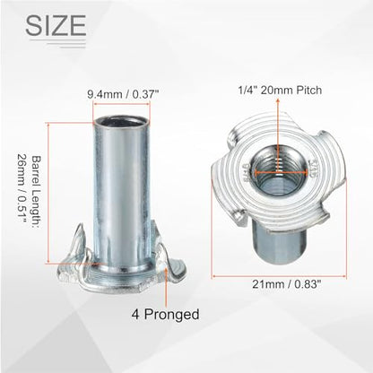 HARFINGTON 5/16x13mm T-Nuts 4 Pronged Tee Nut 0.83" x 0.51" Half Thread Carbon Steel Inserts for Wood, Rock Climbing Holds, Cabinetry, Furniture 50pcs - size: 5/16" x 0.51" x 0.83" x 0.51"