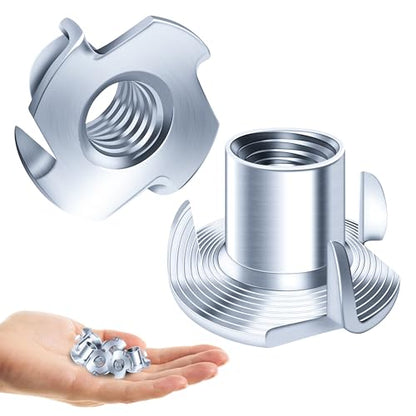100PCS 1/4-20 T-Nuts Zinc Plated Steel Nutserts, 4-Pronged Tee Nut for Wood, Rock Climbing Holds T Nuts 1/4-20 Set for Wood Furniture - size: 1/4"-20