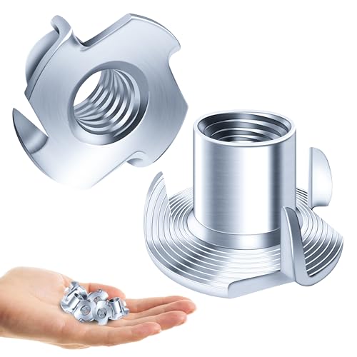 100PCS 1/4-20 T-Nuts Zinc Plated Steel Nutserts, 4-Pronged Tee Nut for Wood, Rock Climbing Holds T Nuts 1/4-20 Set for Wood Furniture - size: 1/4"-20