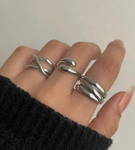 YEEZII Chunky Gold Rings for Women Non Tarnish, 18K Gold Plated Stackable Thumb Ring, Statement Women Rings Set - color: Silver-3Pcs