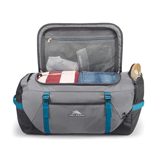 High Sierra Fairlead Convertible Duffel Bag, Lightweight and Durable Weekender Duffel, easily converts into backpack, 64L Capacity, Steel Gray/Mercury/Blue - color: Steel Grey/ Mercury, size: Convertible Backpack/Duffel