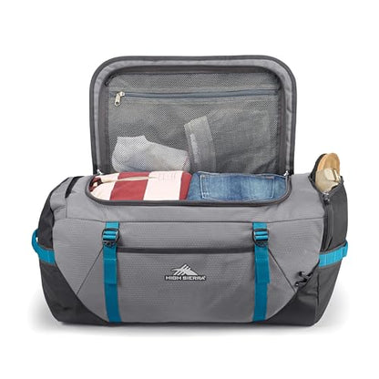 High Sierra Fairlead Convertible Duffel Bag, Lightweight and Durable Weekender Duffel, easily converts into backpack, 64L Capacity, Steel Gray/Mercury/Blue - color: Steel Grey/ Mercury, size: Convertible Backpack/Duffel