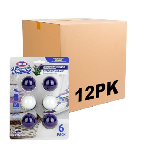 Clorox Fraganzia Deodorizing Balls with Lavender and Eucalyptus Scent, Shoe and Bag Odor Eliminator Balls for Shoes Lockers and Gym Bags with Long Lasting Freshness, 6 Count - 12 Pack - size: 6 Count (Pack of 12)