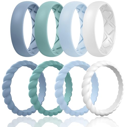 Egnaro Women's Stackable Silicone Rings, 2.5/5.5mm Wide 1.8/2mm Thick Bands | Comfort-Fit Rubber Bands Offer Breathable Flexibility for Nurses, Workouts, Pregnancy, Yoga, Travel, Office, and All-Day Wear - color: A32-Blue, Light Green, Light Blue, White