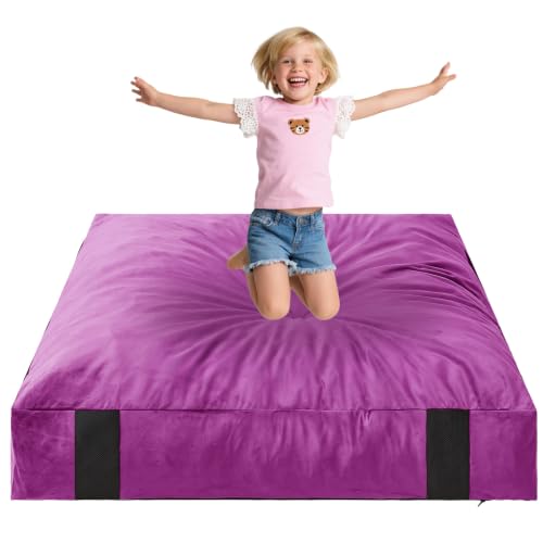 AceSoul Crash Pad, 4 x 4 Ft / 5 x 5 Ft Crash Pad for Kids Sensory with Shredded Foam Filling, Crash Mat for Play with Anti-Slip Bottom, Removable Washable Cover - color: Purple, size: 4x4 Feet