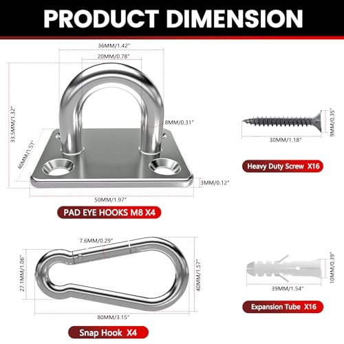 sprookber 304 Stainless Steel Pad Eye Snap Hooks, M8 Heavy Duty Ceiling Hooks, 1200 lb Capacity Hammock Swing Hanging kit, Plant Hangers, Marine Hardware Staple Hook Loop with Screws, Set of 8 - size: 3.15 inch, style: Square