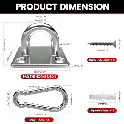 sprookber 304 Stainless Steel Pad Eye Snap Hooks, M8 Heavy Duty Ceiling Hooks, 1200 lb Capacity Hammock Swing Hanging kit, Plant Hangers, Marine Hardware Staple Hook Loop with Screws, Set of 8 - size: 3.15 inch, style: Square