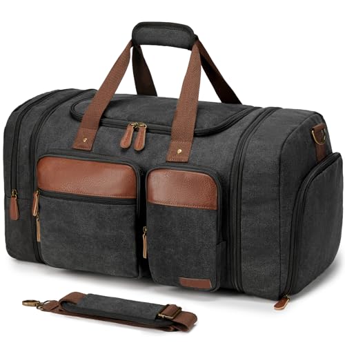 Canvas Duffle Bag for Travel 50L Expandable, Dark Grey | Travel Duffel Bags for Men Women, Overnight Weekend Gym Bag with Shoes Compartment - color: Dark Grey, size: Large 50 L