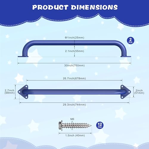 SELEWARE 30" Blue Metal Playground Handles Playset Grab Bars Ladder Handle | 500LB 2Pcs Heavy Duty Steel Kids Playground Handles for Indoor/Outdoor Ladder Handrail Swing Set Treehouse Rock Climbing Wall - color: E: 30"-2 Pcs-blue