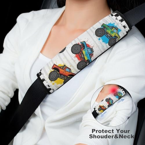 2 Pack Colorful Monster Truck Cartoon Trucks Checkered Car Seat Belt Pad Soft Padded Harness Pads Strap for Child, Car Seats Pushchair Strollers High Chair Pushchair, Anti-Slip Pad - color: Pattern 246