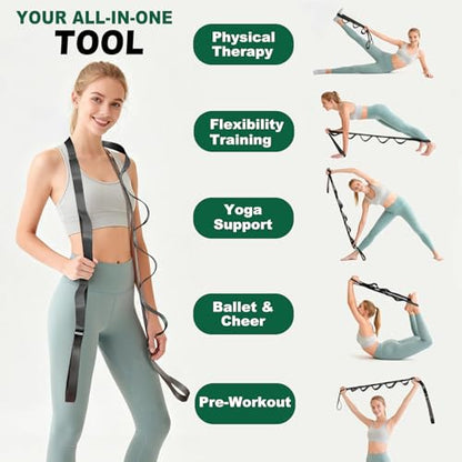 Acozycoo Stretching Strap with Loops,Non-Elastic Yoga Strap for Physical Therapy,Knee Replacement Recovery & Plantar Fasciitis,Leg Stretcher Band for Flexibility & Hamstring Rehab - color: Black