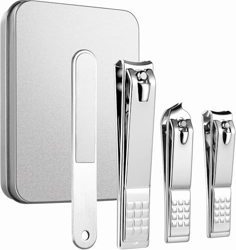 4-Piece Professional Nail Clippers Set with Wide Jaw - Heavy Duty Toenail Clippers for Thick Nails, Fingernail Clippers, Nail File & Cuticle Tool for Men and Women, Travel or Home Use