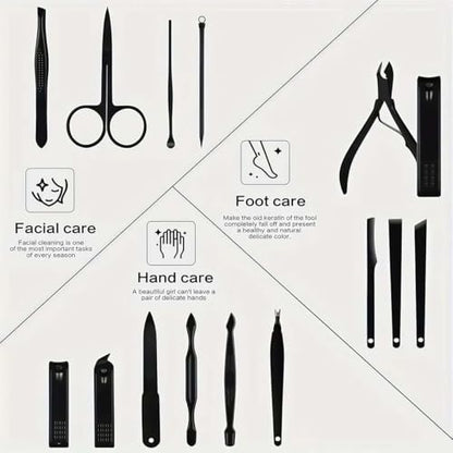 Nail Clippers Set,24 Piece Manicure Set & Pedicure Kit (Black Black) | Stainless Steel Fingernail & Toenail Nail Care Tools with Travel Case for Men and Women - color: Black