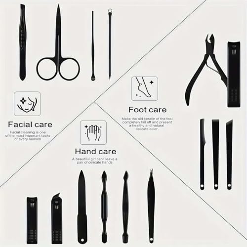 24-Pcs Professional Nail Kit & Complete Nail Cutter Set with Travel Case, Includes Cuticle Trimmer & Nail Design Tools, Mens & Women Fingernail Grooming Kit(Black)