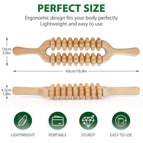 Liitrton Wooden Massage Roller for Legs, Double Row Massage Roller Stick | Smooth Body Roller, Wood Therapy Massage Tools for Trigger Points Relief, Sore Muscle Recovery - color: Double-9‑wheel