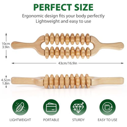 Liitrton Wooden Massage Roller for Legs, Double Row Massage Roller Stick | Smooth Body Roller, Wood Therapy Massage Tools for Trigger Points Relief, Sore Muscle Recovery - color: Double-9‑wheel