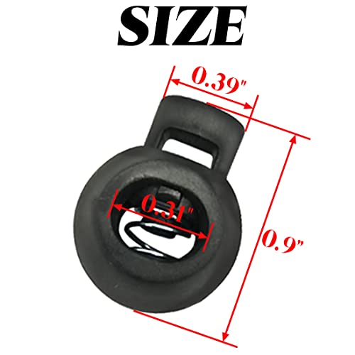 TIHOOD 100PCS Plastic Toggle Single Hole Spring Loaded Elastic Drawstring Rope Cord Locks Clip Ends Round Ball Shape Luggage Lanyard Stopper Sliding Fastener Buttons, Black