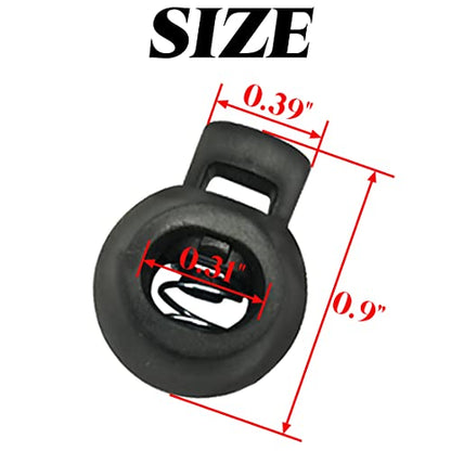 TIHOOD 100PCS Plastic Toggle Single Hole Spring Loaded Elastic Drawstring Rope Cord Locks Clip Ends Round Ball Shape Luggage Lanyard Stopper Sliding Fastener Buttons, Black