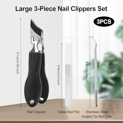 Eagle Beak Nail Clippers for Ingrown & Thick Nails – Beveled/Slanted/Angled Blades, Long Handle Wide Jaw, Anti-Splash Ultra Sharp Stainless Steel Edge 3-Piece Set for Men/Women (Black) - color: Black