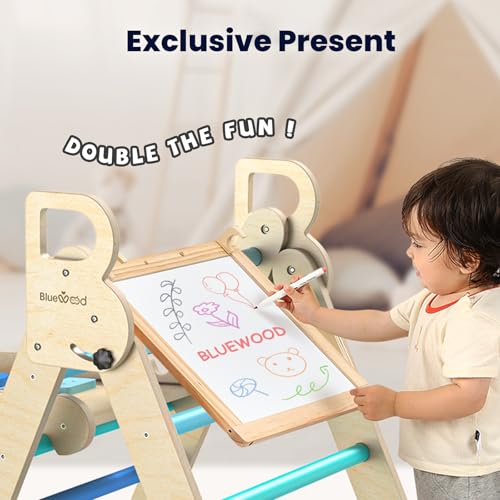 BlueWood Pikler Triangle Set, Foldable Wooden Toddler Climbing Toys Indoor Playground Jungle Gym Montessori Philosophy Climber for 2-6 Years Old, Baby, Kids (Sky Blue, with Cushion) - color: Sky Blue
