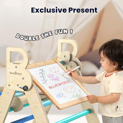 BlueWood Pikler Triangle Set, Foldable Wooden Toddler Climbing Toys Indoor Playground Jungle Gym Montessori Philosophy Climber for 2-6 Years Old, Baby, Kids (Sky Blue, with Cushion) - color: Sky Blue