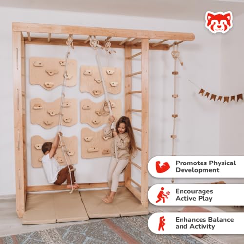 Wood And Hearts 7-in-1 Swedish Ladder Big Bridge Indoor Gym for Kids Active Play – Monkey Bars, Climbing Wall, Rope Accessories & Play Mats (6 Climbing Wall Panels)