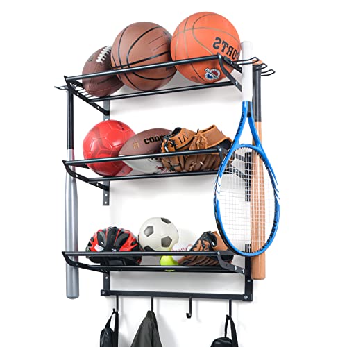 XCSOURCE Sports Equipment Organizer, 3-Tier Ball Storage Rack with Bat & Racket Holders, Wall Mounted Garage Sports Gear Storage Shelf with 4 Hooks for Balls, Helmets & Accessories (Glossy Black) - color: Black 01