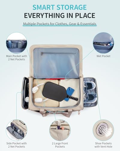ECOHUB 40L Gym Bag for Women Men Water Resistant Sports Duffle Bag with Shoe Compartment & Wet Pocket, Travel Weekender Camping Backpack - color: Beige