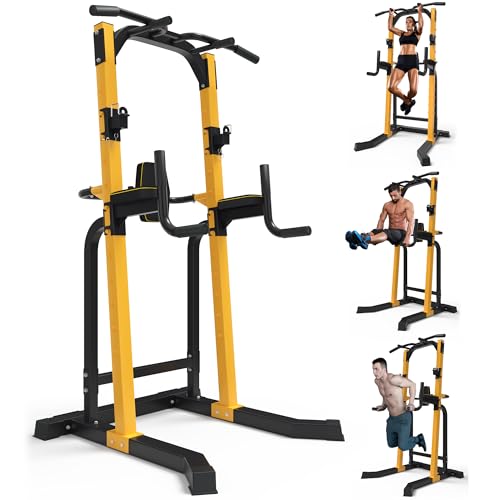 Outdoor Basic Power Tower, Pull Up Bar and Dip Station for Home Gym, 1500LBS Weight Capacity, Adjustable Height, Heavy Duty Steel Frame for Calisthenics, Strength Training Fitness Equipment - color: Yellow
