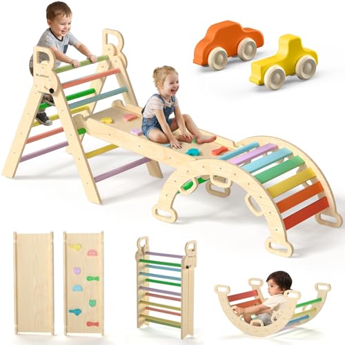 Pikler Triangle Set with Safe Handle, Climbing Toys for 1-3 Year | Foldable 7-in-1 Montessori Toddler Climbing Toys Indoor, Wooden Pickler Climbing Set, Baby Jungle Gym & Playground, Colorful - color: Colorful