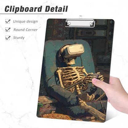 Rimilak Wood Clipboard, 8.5x11 Hardboard Clip Board, Game Skeleton | Fun Design, Cute Custom Pattern, 9 x 12.5 in Letter Size for Classroom, Teachers, Kid, Woman, School & Office Supply - color: Game Skeleton